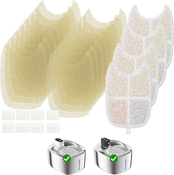 Wireless Cat Water Fountain Filter, 8 Pack Filters with 32 Pre-Filter Sponge for Cat Fountain Stainless Steel 135 fl oz, 6 Layer Replacement Filters for Pet Fountain Battery Operated