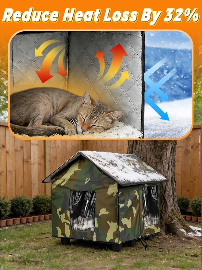Elevated Insulated Outdoor Cat House Weatherproof - 20"x19"x17" Waterproof PVC Top & Aluminum Film Liner Camouflage Feral Cat Shelters for Keeping Cats Winter Warm, Green