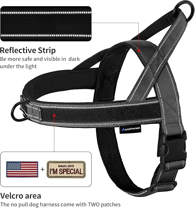 Annchwool No Pull Dog Harness with Padded Handle+5 Ft Leash,Reflective Strip Escape Proof and Quick Fit to Adjust Dog Harness,Easy for Training Walking for Small & Medium and Large Dogs(Black-Set,L)