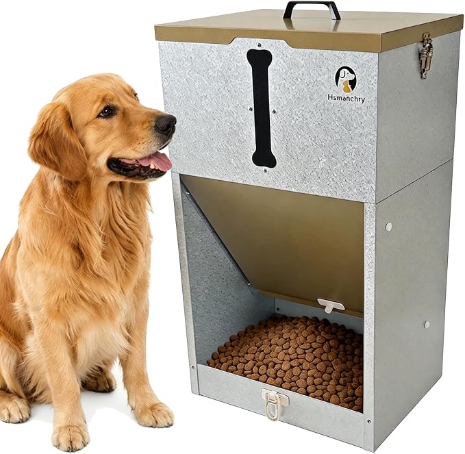 60 lb Automatic Dog Feeder Outdoor Gravity Feeder for Large Dogs | Easy food-level checks, simple latch closure, wall or fence mounting, champagne-gold finish