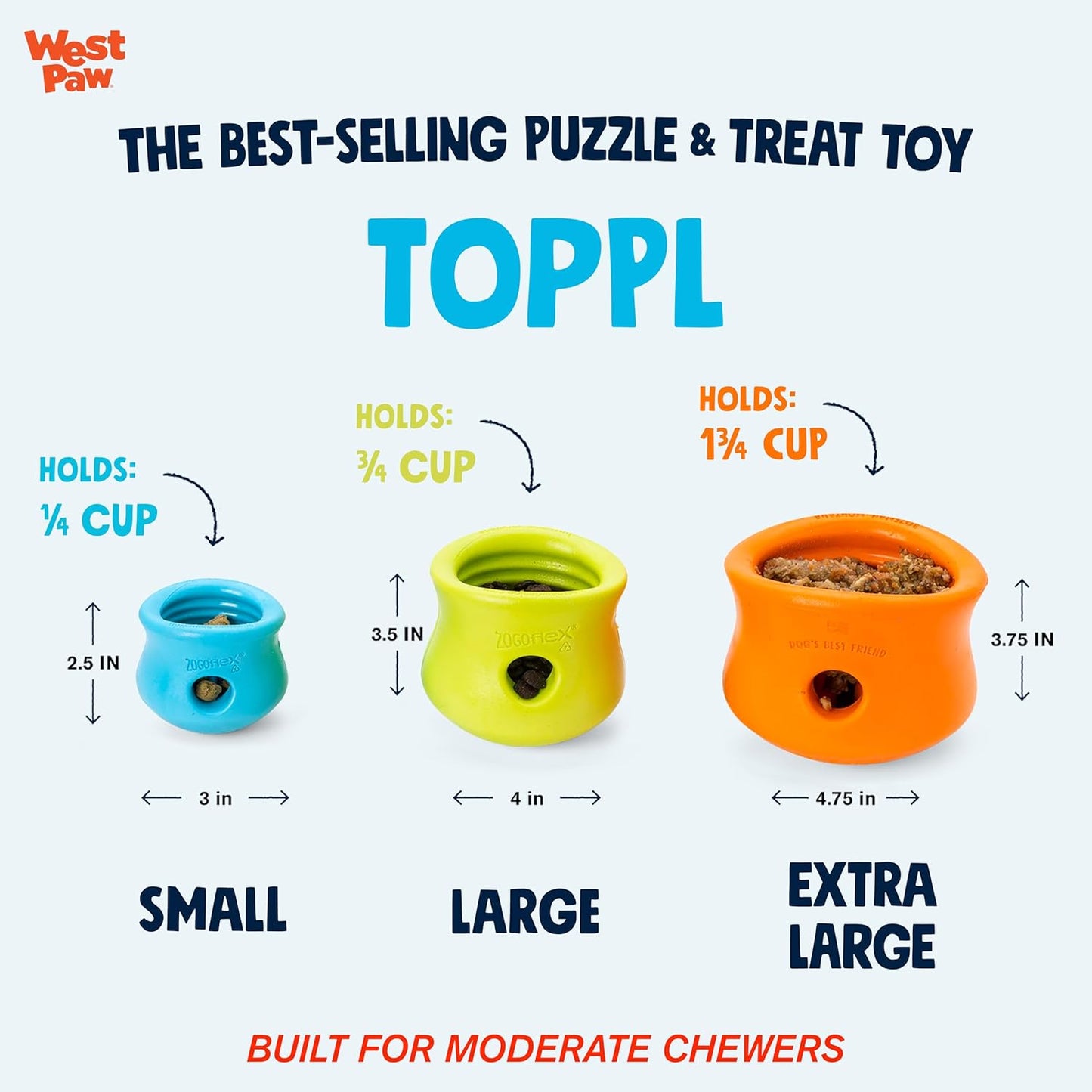West Paw Zogoflex Toppl Treat Dispensing Dog Toy Puzzle – Interactive Chew Toys for Dogs – Dog Toy for Moderate Chewers, Fetch, Catch – Holds Kibble, Treats, Large 4", Aqua Blue