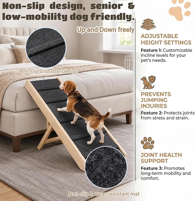 Dog Ramp for Couch, Wooden Small to Large Dog Ramp for Bed Sofa Car | 2026 Upgraded Foldable Pet Ramp, 5 Adjustable Heights (10.8"-23.5"), Portable, Wider and More Stable, Non-Slip