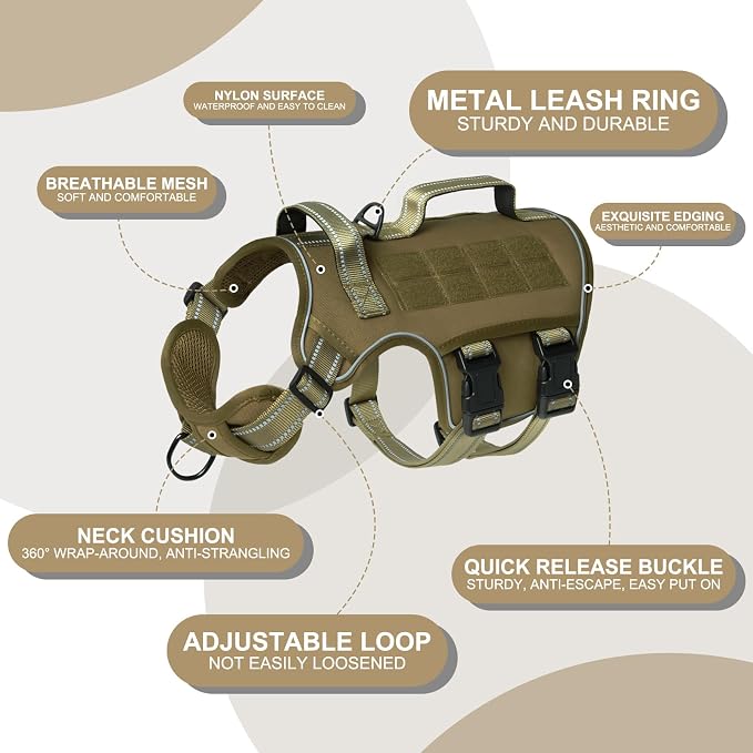 Dog Harness Medium Sized Dog, No Pull Dog Vest with Molle System | Tactical, Easy Control With Handle, Breathable Soft Padded, Adjustable, Reflective, No Choke for Walking, Khaki Medium