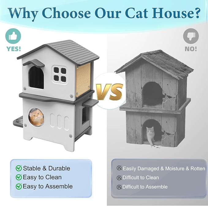 Cat House Outdoor Weatherpoof Plastic Cats Houses 2-Story | with Elevated Cat Bowls, Cat Scratch Pads and Escape Door, Indoor Waterproof Feral Cat Shelter Outside for Multiple Cats