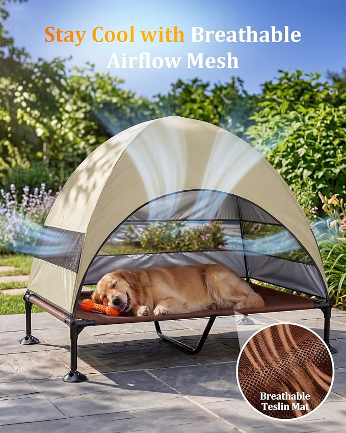 Elevated Outdoor Dog Bed with Canopy, Raised Dog Cot with Stable Adjustable Feet, Dog Camping Bed with Larger Shade, Lifted Dog Tent Bed with Canopy for Outside (Beige, X-Large)