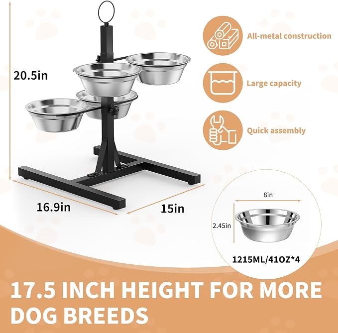 Elevated Dog Bowls with 2 Feeding Platforms for Medium/Large/Multi-Dogs, 6-17.5” Any-Height Adjustable Tall Feeding Station, Raised Food and Water Bowl Stand, 4 * 41oz Bowl