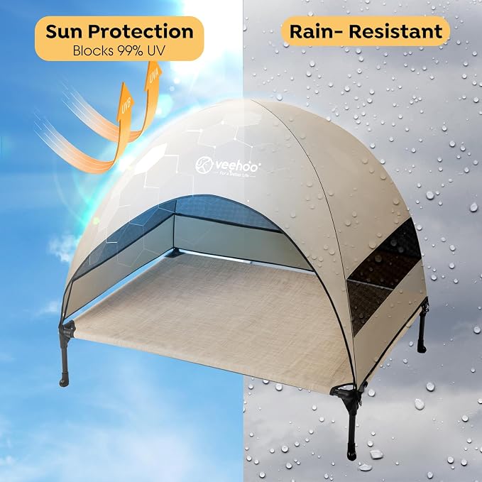 Veehoo Outdoor Dog Bed with Canopy, Cooling Elevated Dog Shade for Outside | Portable Raised Dog Cot with Removable Shade, Sun Protection Dog Tent Outdoor for Camping, Beach, 42" x 33.5", Beige Coffee