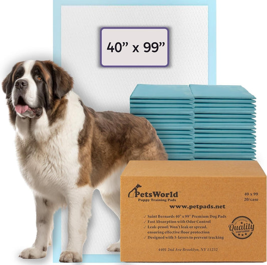 PETSWORLD Mega-Sized Dog Pee Pads (40" x 99") – 4XL Gigantic Pet Piddle Pads for Puppy Training, Incontinence – with Adhesive Sticky Tape – Leak Proof, 5-Layer Protection (80 Count)