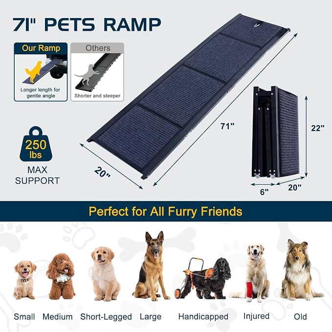 Dog Ramp for Car, 71'' L x 20'' W Dog Ramps for Large Dogs | Extra Wide Pet Ramp with Non-Slip Surface for Medium & Large Dogs to Get in Car, SUV & Truck, Supports Up to 250 Lbs