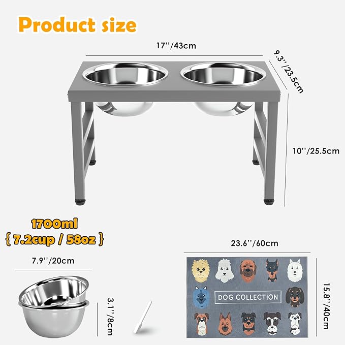 10'' Metal Raised Dog Bowl Stand, Elevated Dog Bowls with 2 Stainless Steel Bowls (1700ml/58oz) & Anti-Spill Mat for Medium/Large Breeds,Gray