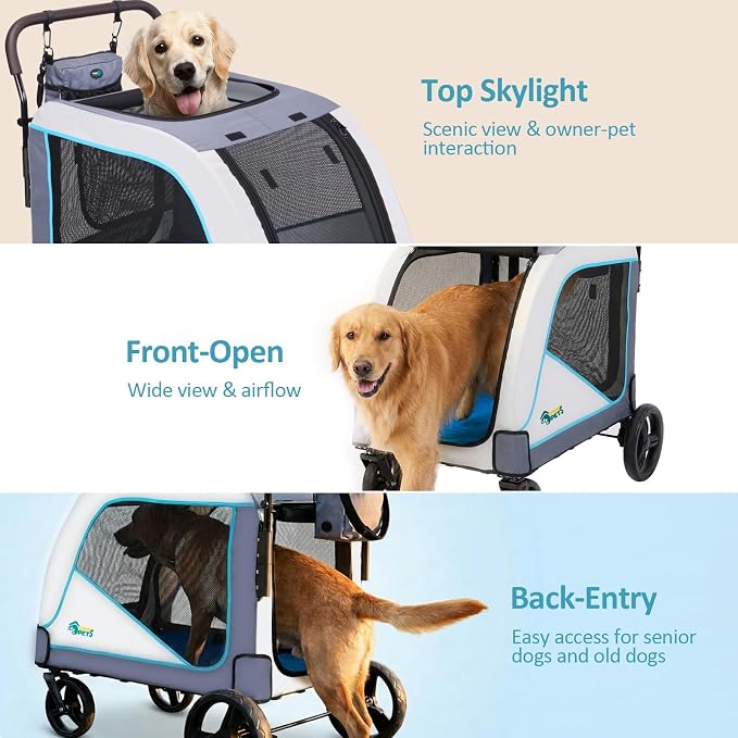 Ownpets Extra Large Dog Stroller for Large Breeds, 154 lbs Capacity, Black | Low 12" entry, one-click fold, all-terrain rubber wheels, spacious 38"x28" cabin, waterproof, safety tether