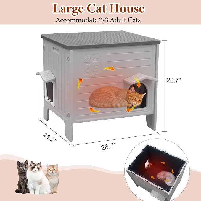 Insulated Cat House Outdoor, Large Plastic Cat Shelter Outside for Winter | Weatherproof, with Escape Door, Plastic Insulated Cats House Indoor Outdoor