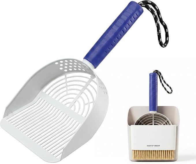 Cat Litter Scoop with Holder, 3 in 1 Metal Kitty Scooper | Heavy Duty Deep Litter Sifter with Dustpan & Mini Broom, Dual Coarse & Fine Grid, Quick Sift, Universal for All Cat Litter