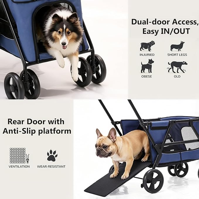Dog Stroller for Large & Medium Dogs, Foldable Pet Stroller for 2 Small Dogs Up to 66lbs, with All-Terrain Wheels, Breathable Mesh Ventilation & Storage Pocket (Blue)