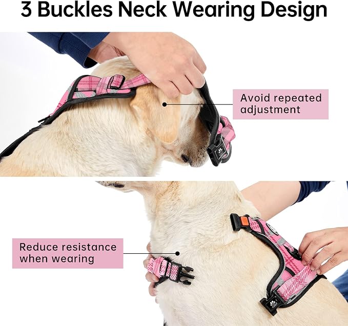 IVY&LANE No Pull Dog Harness with Leash Set, Reflective No Choke Pet Vest,Adjustable Oxford Dog Vest Harness with Easy Control Handle for Large Dogs (Checkered Pink,L)