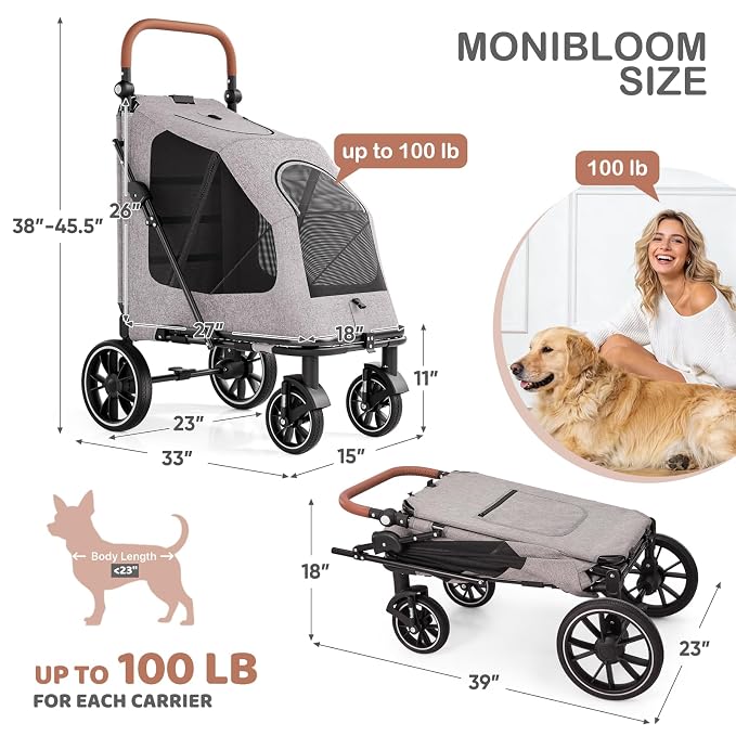 MoNiBloom Large Pet Stroller with Anti-Slip Ramp, for Large Dog Up to 99lb | Heavy Duty Dog Stroller Up to 99lb, Safe & Gentle Mobility Aid, All-Terrain Wheels, Idea for Injured, Disabled, & Senior Dog