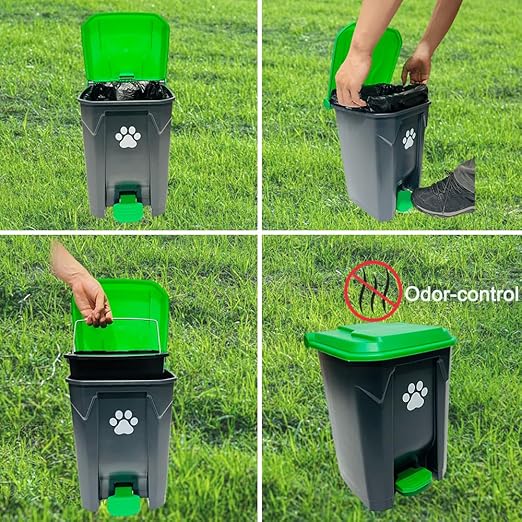 20L Dog Poop Trash Can Outside with Pooper Scooper & 50 Waste Bags- Outdoor Dog Poop Trash Can with Lid, Foot Pedal and Removable Inner Bin Waterproof and Odor Control