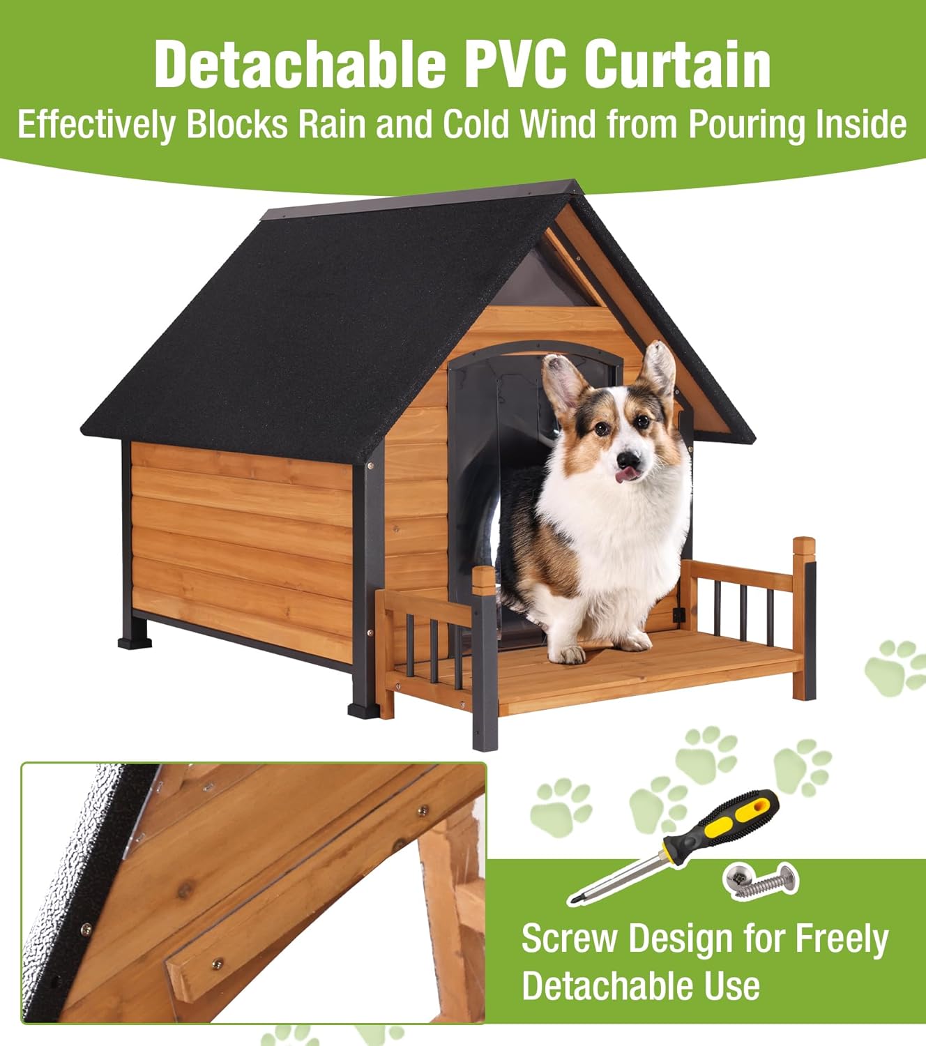 Large Dog House Outdoor Weatherproof with Porch, All-Metal Frame Chew-Proof Dog Kennel with Asphalt Roof, for Small Medium Large Dogs