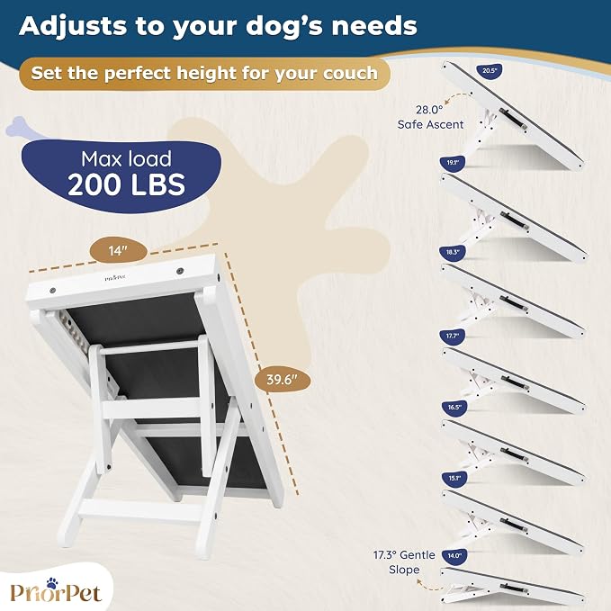 Dog Ramp for Couch – Non-Slip, Sturdy Build Foldable Wooden Dog Ramp – Supports up to 200 lbs – 7 Adjustable Heights (14"–20.5") – Enhanced Stability – Birchwood Pet Ramp for Small Dogs – White