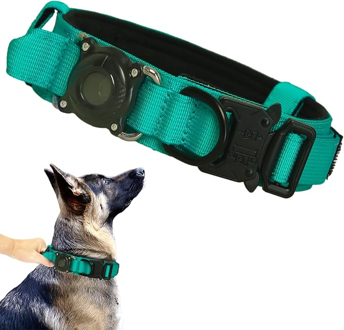 AirTag Dog Collar for Large Dogs Tactical Dog Collar with AirTag Holder | Upgrade Waterproof,Control Handle,Quick-Release Metal Buckle,1000D Nylon Fabric,Soft-Padded Webbing,Velcro Patch(Teal,M)