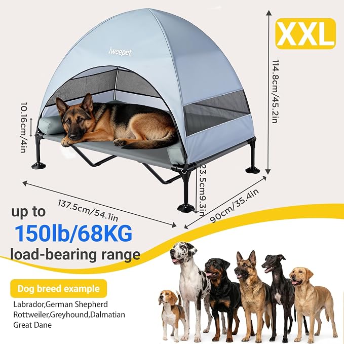 iweepet 4 in 1Elevated Dog Cot with Removable Canopy & Bolster Pillows for Extra Large Dog,Cooling Raised Outdoor Dog Bed with Breathable Teslin Mesh,Carry Bag for Camping,Patio, Backyard, 52''