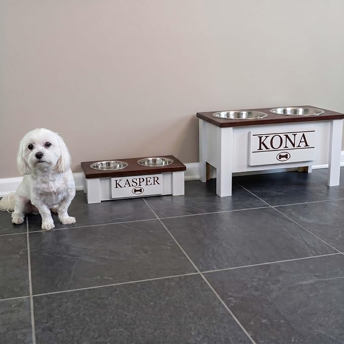 Elevated Dog Bowls for Small Dogs, Personalized Food Stand for Toy Breed | Farmhouse Style, Elevated Wood Stand, Storage Container, Stainless Steel Bowls, Raised Anti-Slip Feeder, Made in USA