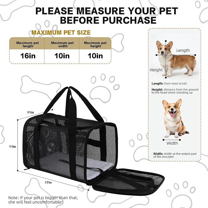 Dog Carrier Pet Carrier for Small Medium Cats Dogs Puppies up to 16 Lbs, TSA Airline Approved, Soft Sided, Collapsible Cat Bag Carrrier (Black, 17 * 11 * 11)