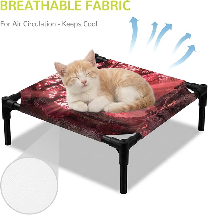 Outdoor Elevated Dog Bed for Small Dogs, Red Trees Breathable Cooling Raised Dog Cot for Indoor/Outdoor, Country Forest Branches Nature Light View Waterproof Elevated Pet Beds, S 20 x 20 in