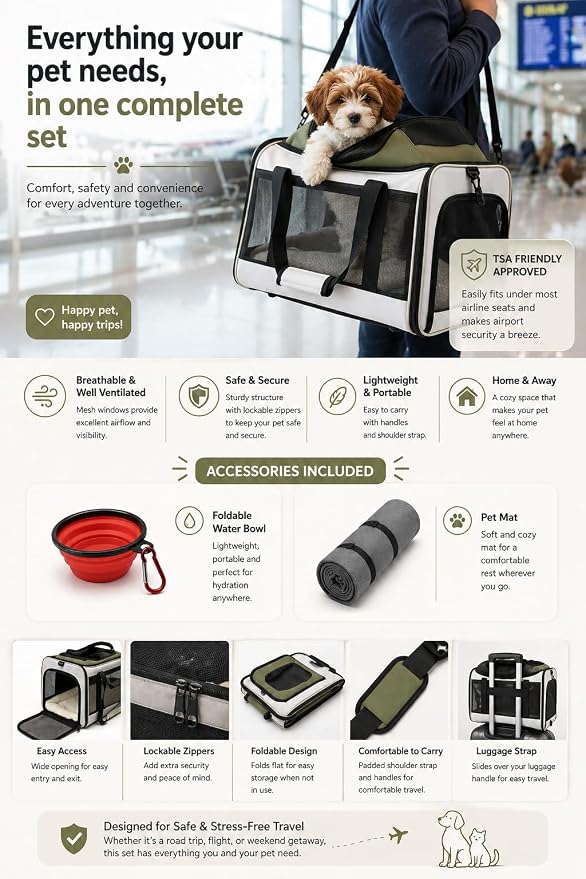 Cat Carrier Dog Carrier Airline Approved, Pet Carrier for 2 Cats Small Medium Dogs, Soft Cat Carrier 18x15x15 with Foldable Bowl & Washable Pad, TSA Approved Dog Carriers by Luniko Shop (Cream)