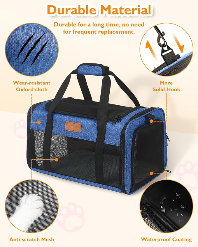 PETUX Airline Approved Pet Carrier for Small Cats up to 12 lb, Blue | 17x11x9.5 in, Underseat, Top & Side Entry, Soft Sided Cat Carrier with Breathable Anti-Scratch Mesh for Travel & Vet