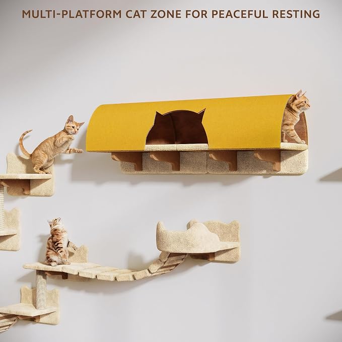 Cat Wall Furniture, 26 in 1 Cat Shelves w/Cat Tree, Tunnel, Beige | Wall Mounted Cats Furniture Set w/Plush Fabric, Cat Climbing Systems for 16 Inch Drywall, with Scratching Posts, Bridge, Moon