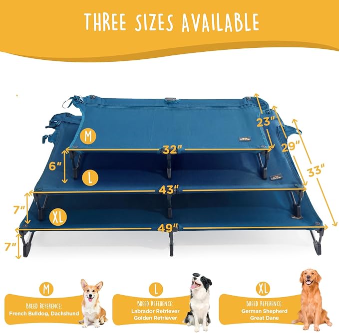 Folding Raised Dog Cot, Large Outdoor Elevated Dog Bed with Upgraded Non-Slip Feet, Cooling Chew Proof Portable Heavy Duty Pet Cot Up to 160 lbs for Camping/Home, Dark Blue, 43"x27"