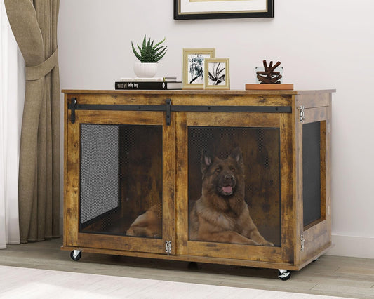 LINLUX 47 Inch Large Dog Crate Furniture, Wooden Heavy Duty XL Dog Kennel Indoor, Decorative Dog Cage Table for Large Dogs, with Sliding Doors, Wheels and Flip-top Plate, Rustic Brown