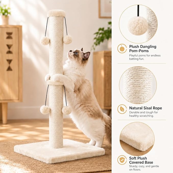 Dimaka 29'' Cat Scratching Post, Natural Sisal Rope Scratch Post with 4 Teasing Toy Balls for Large Cats (Beige)