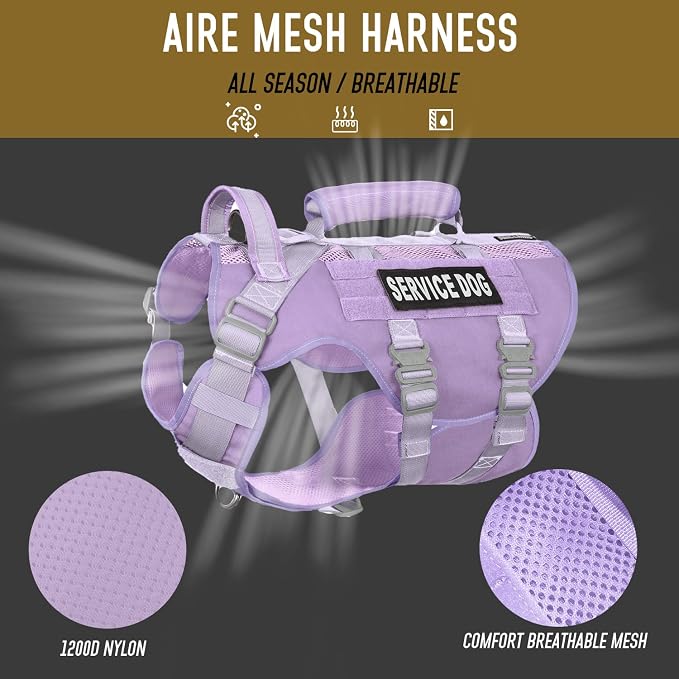 Service Dog Vest for Large Dogs, Purple Tactical Harness with Military MOLLE, Breathable Mesh & 39g Metal Buckle - Size XL for Training & Hiking
