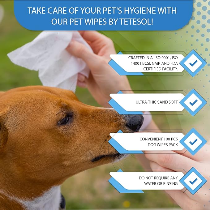 Tetesol Dog Wipes for Pets Cats-100 Count All Purpose Unscented Wet Wipes for Paw Butt Cleaning,Grooming,AlcoholFree,Vitamin E,pH Balanced
