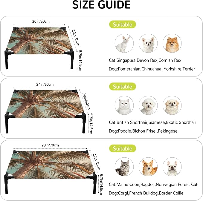 Outdoor Elevated Dog Bed for Small Dogs, Summer Palm Tree Breathable Cooling Raised Dog Cot for Indoor/Outdoor, Tropical Plants Botanical Trees Waterproof Elevated Pet Beds, S 20 x 20 in