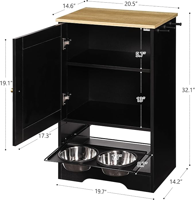 Feeding Station with 1 Storage Cabinets, Pet Feeding Station with 2 Elevated Dog Bowls, Side Hooks, Anti-tip Kit, Hidden Pet Feeder Station for Feeding & Watering, Black