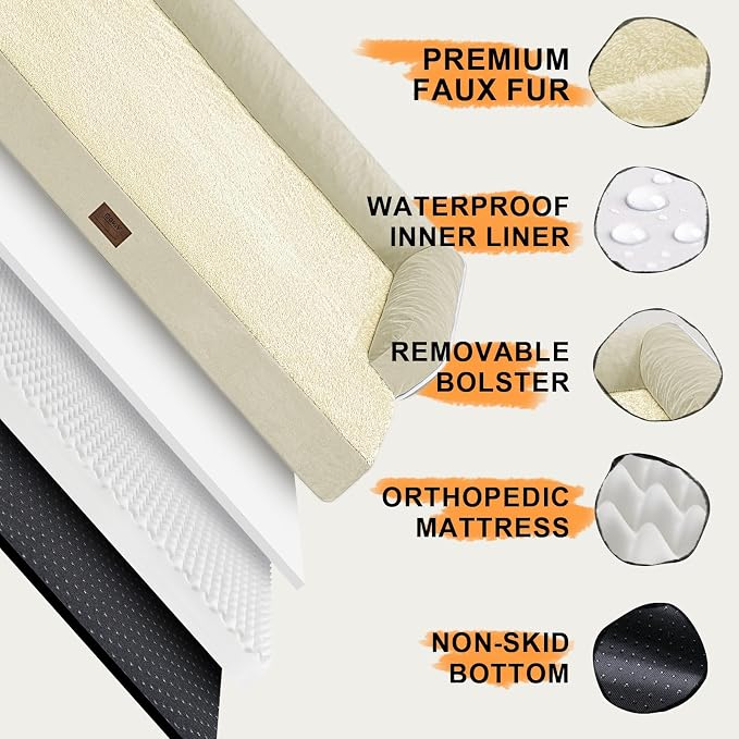Orthopedic Waterproof Dog Bed with Bolster for Extra Large Size Dogs | Pillow Support for Neck Relief, Egg Crate Foam, Waterproof Liner, Anti-Slip Bottom, Removable Bolster Cover, 48 x 33 Inch