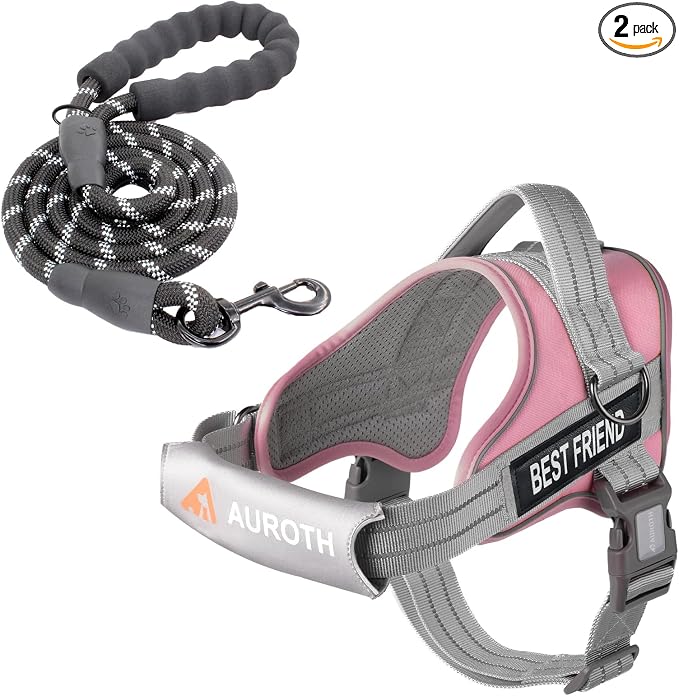 AUROTH Dog Harness for Large Dogs No Pull Tactical Harness and Leash Set | with Leash Clips, LED light clip, Breathable Mesh Padded No Choke, Easy Walking and Training, Pink, Large