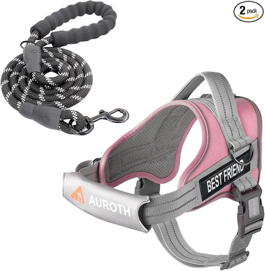 AUROTH Dog Harness for Large Dogs No Pull Tactical Harness and Leash Set | with Leash Clips, LED light clip, Breathable Mesh Padded No Choke, Easy Walking and Training, Pink, Large