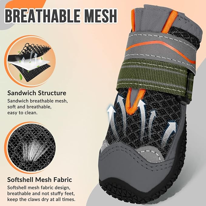 SlowTon Dog Shoes for Large Small Medium Dogs - Breathable Dog Boots for Summer Hot Pavement, Paw Protector for Outdoor Walking Winter Snow, Anti-Slip Rubber Dog Booties for Hard Floor (B OR, 7)