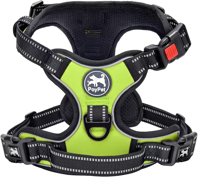 PoyPet No Pull Dog Harness Large with Front Clip & Neck Release Buckle | No Choke, Adjustable Vest, Reflective, Back Clip, Lockable, Soft Padded, Easy Control Handle for Walking Training, XL, Green