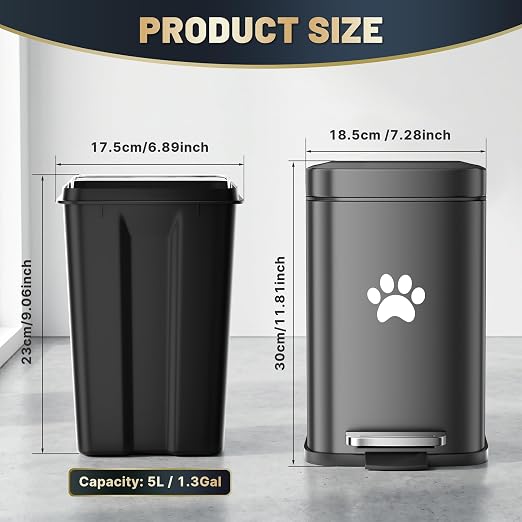Small Dog Poop Trash Can Outside with Odor Control Lid, 5L/1.3Gal Metal Step Pedal Waste Bin & Removable Inner Bucket, Includes 30 Trash Can Bags, Indoor/Outdoor/Yard Dog Waste Trash Can (Black)