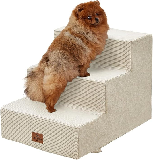 Joydeco Dog Stairs for Bed 15" H, 3-Step Pet Steps for Small Dogs and Cats, Dog Steps for High Bed, Non-Slip Balanced Ramp Indoor Pet Stairs, Beige
