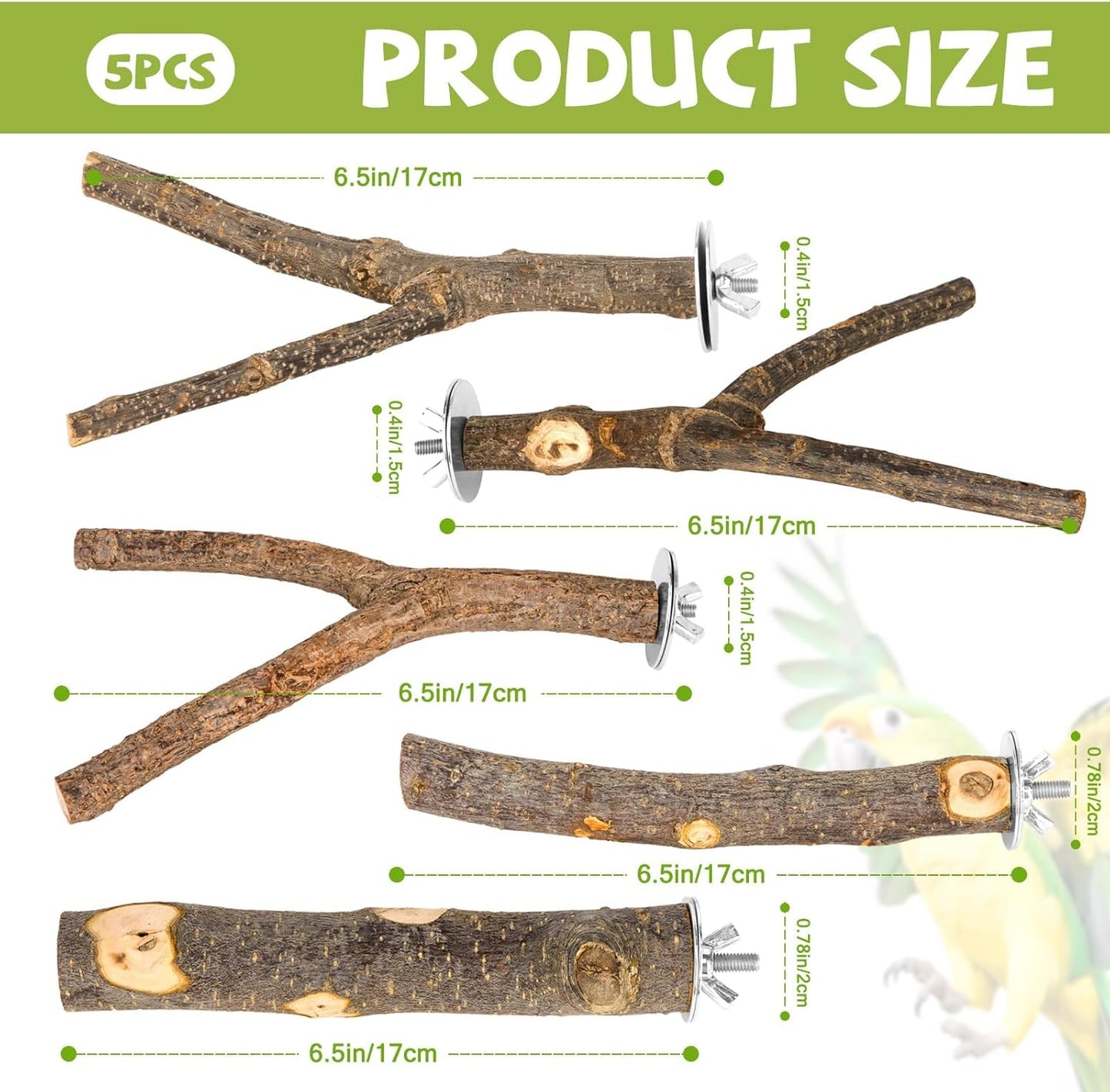 Natural Wood Bird Perches for Cage, Parrot Perch Stand & Platform, Bird Cage Accessories for Parakeets, Cockatiels, Conures, Lovebirds (Brown, Essential Perch Bundle - 5PCS)