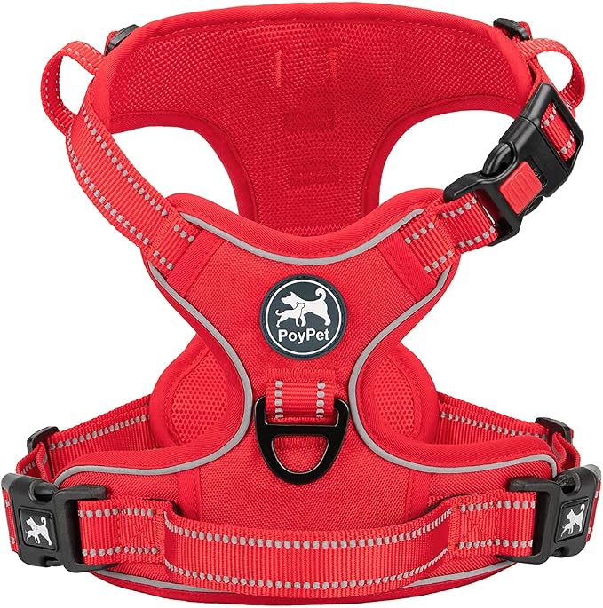 PoyPet No Pull Dog Harness, Reflective Vest with 2 Leash Clips & Handle | Lockable Neck Release Buckle, No Choke, Adjustable, Soft Padded, for Walking Training, Red Matching Trim, X-Large