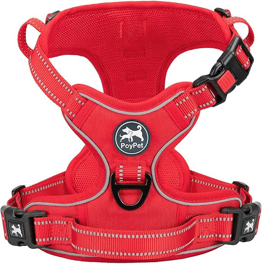 PoyPet No Pull Dog Harness, Reflective Vest with 2 Leash Clips & Handle | Lockable Neck Release Buckle, No Choke, Adjustable, Soft Padded, for Walking Training, Red Matching Trim, Medium
