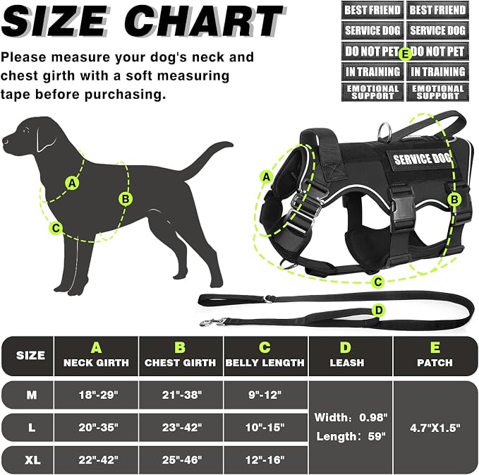 Tactical Dog Harness and Leash Set with Metal Buckles+10 Patches | Heavy Duty Service Dog Vest ,Adjustable Harness for Large Sized Dogs,No Pull Front Back Clips,for Training Hiking,Black XL