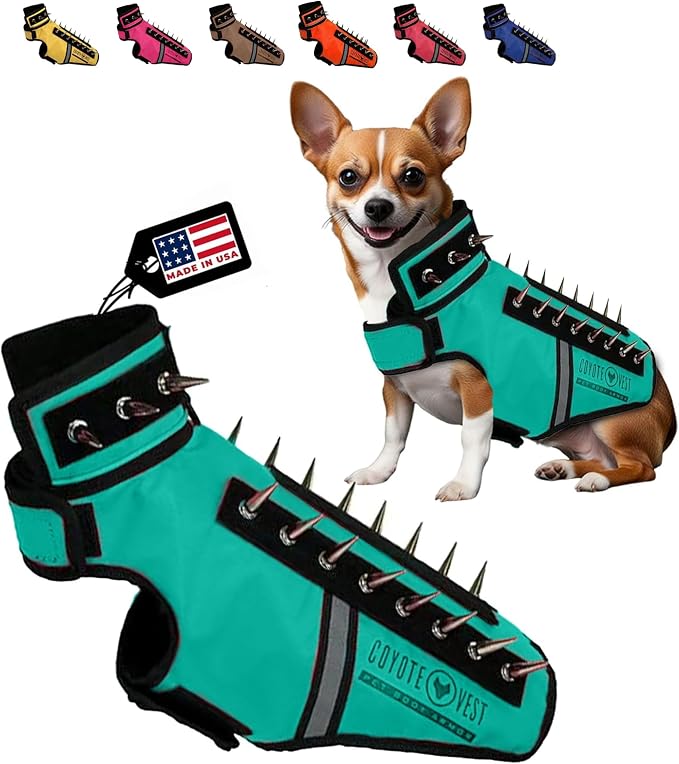 CoyoteVest SpikeVest Dog Harness, Made in the USA, XS-Turquoise | Stab-Resistant Protective Vest | Coyote Vest for Dogs | Defends Against Coyotes, Dogs, Birds of Prey | Reflective Safety